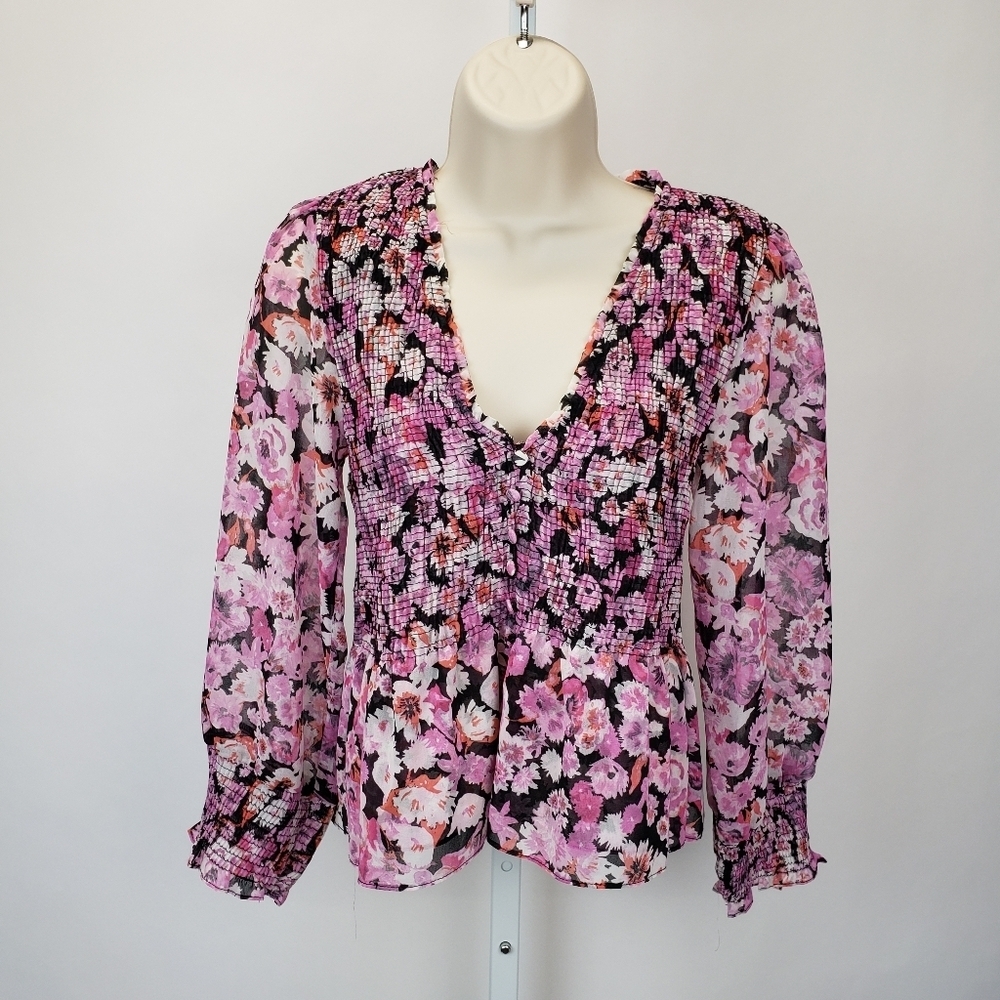 Zara The Veronica Pink Floral Print Ruffle Smocked Blouse Size XS